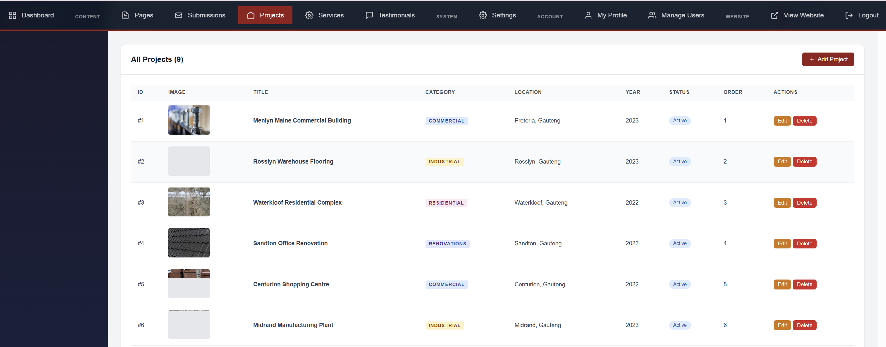 MPK Construction - Dashboard Projects