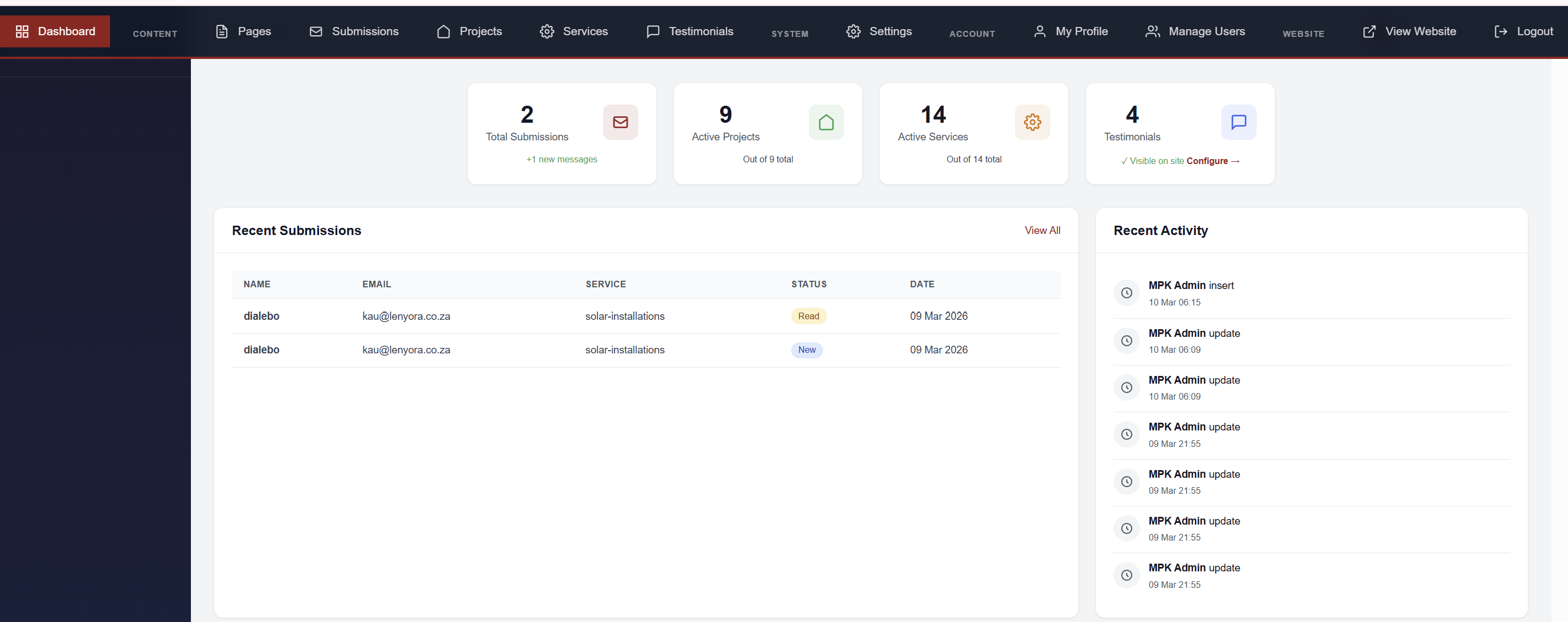 MPK Construction - Dashboard